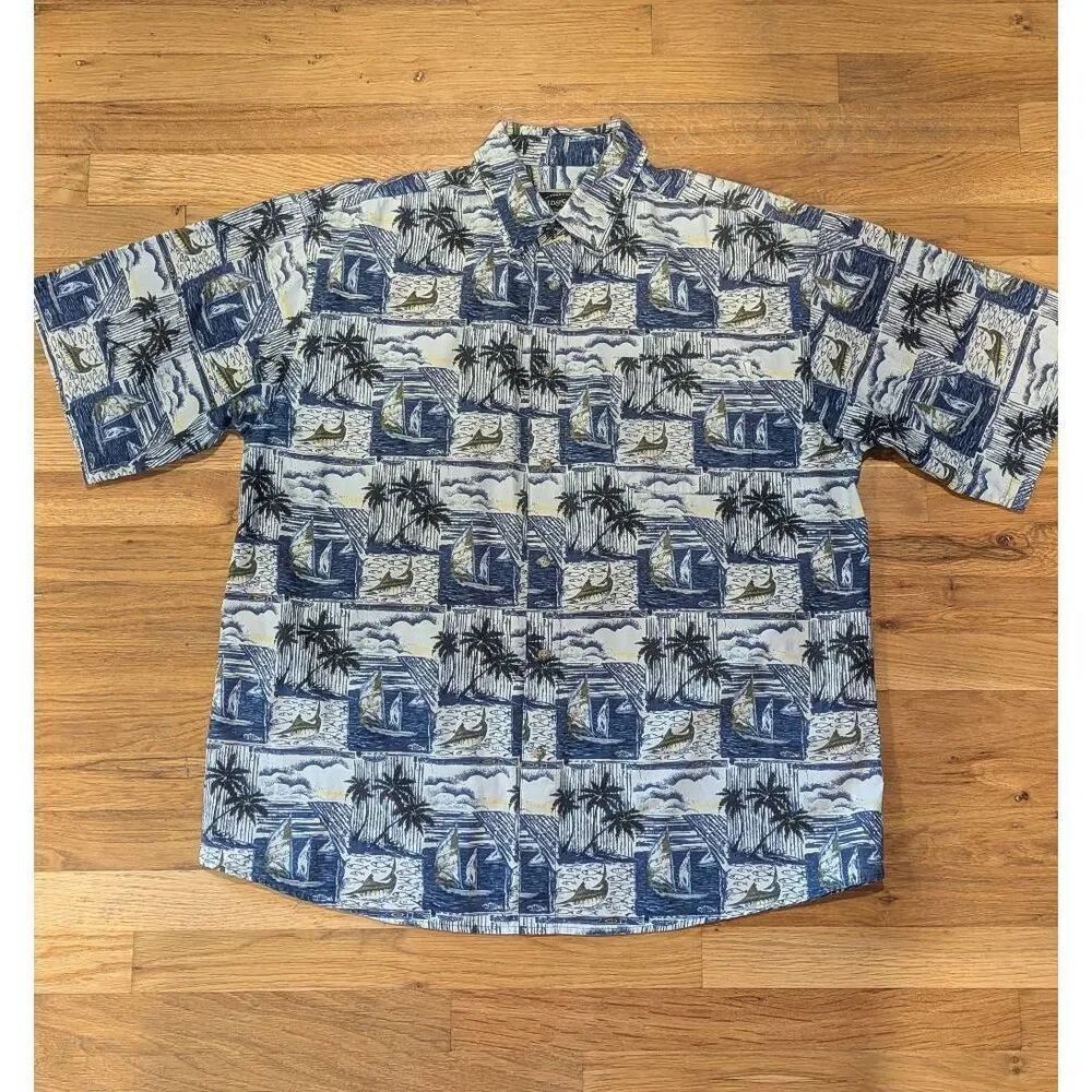 Field & Stream Hawaiian Shirt Men’s XL Sailfish Sailboat Palm Trees Button Down